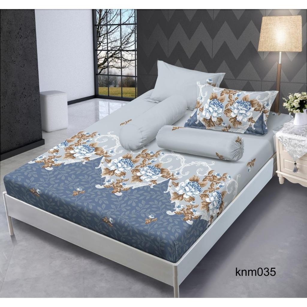 Sprei Motif Blue Grey Flower Microtex Lembut Anti Bakteri – Set Sprei & Sarung Bantal Guling 180x200