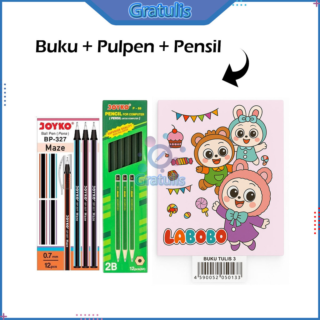 

PAKET BUKU TULIS A5 ISI 38 LEMBAR + PENSIL + PULPEN 1 PAK [1 SET/3 ITEM] / BUKU KWARTO PENDEK / BUKU MURAH ISI 10 PCS / 1 PACK PENSIL 2B BALLPOIN 12 PCS JOYKO