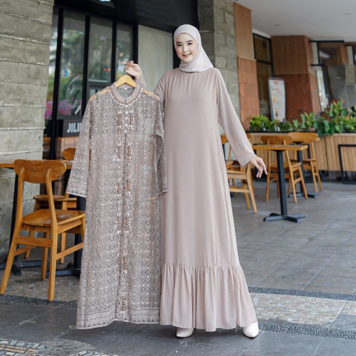 BAJU GAMIS PESTA KONDANGAN TULLE BORDIR DRESS CARDIGAN LEPAS PAYET - Mocca, M