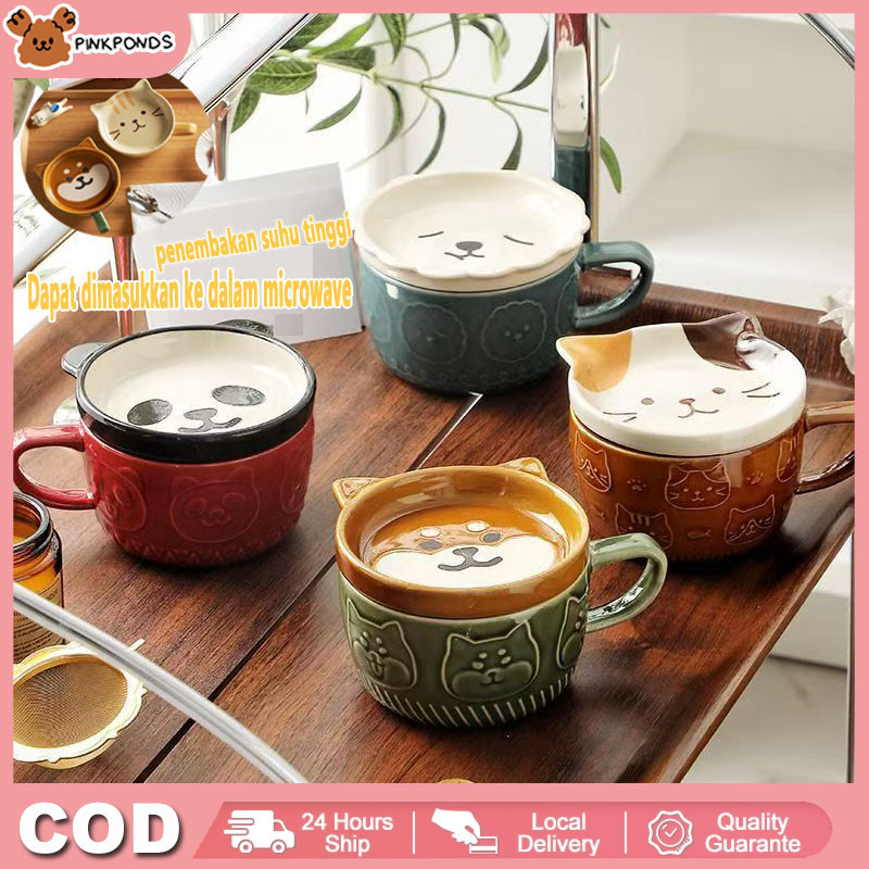 5 cangkir kopi keramik warna-warni (dengan tutup) cangkir keramik kartun, tatakan gelas kucing, tata