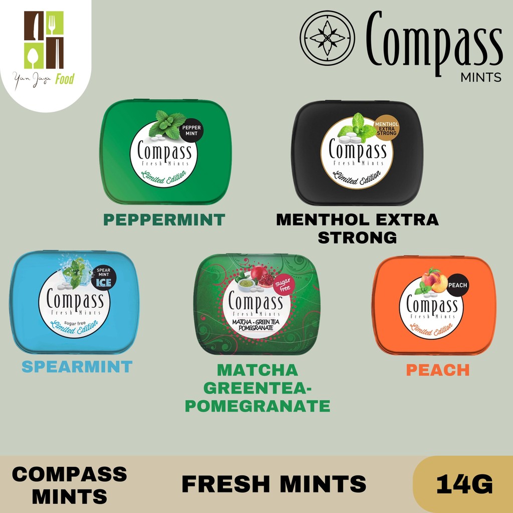 

Compass Fresh Mints Menthol / Permen Mint / Sugar Free / Matcha / Extra Strong / Peach / Peppermint / Spearmint Ice 14g