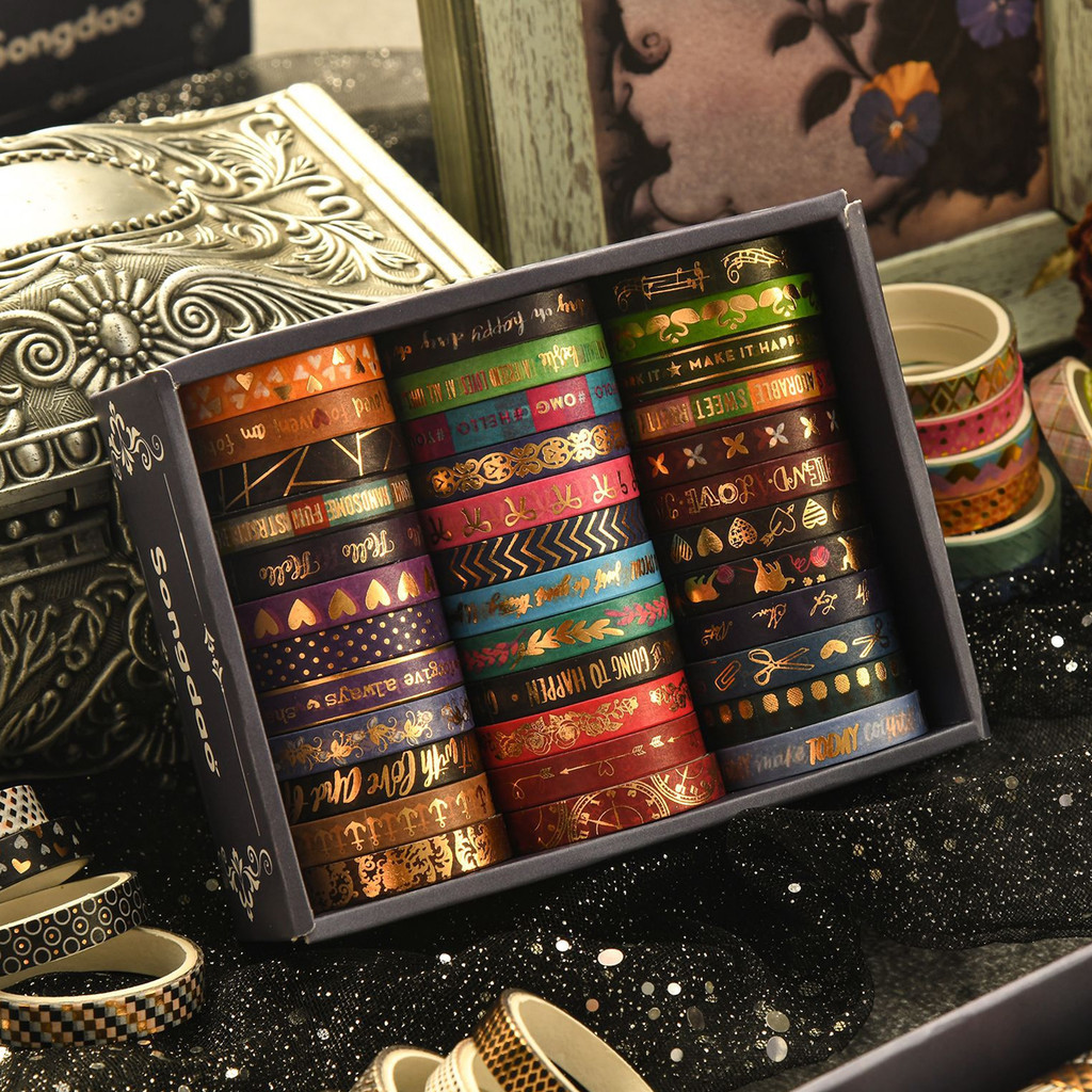 

36rolls Slim golden foiled Washi Tapes Set 7mm skinny Masking Tapes For Scrapbooking Journaling Planner Notebook