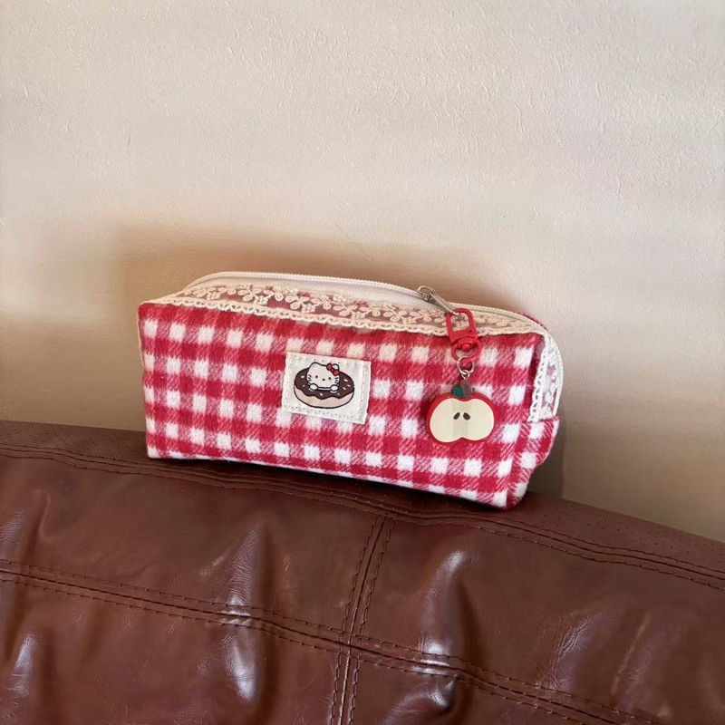 Cute Cartoon Hello Kitty Red Checkered Large Capacity Pencil Case Student Stationery Girl Kawaii Ktc