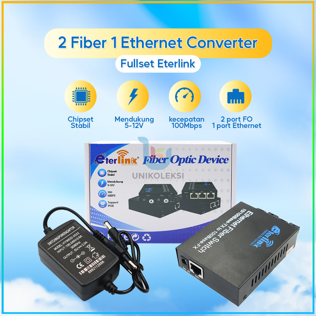 { TERMURAH }MediaConverter 2Fiber 1 Ethernet 1310/1550nm Fiber Optic Eterlink