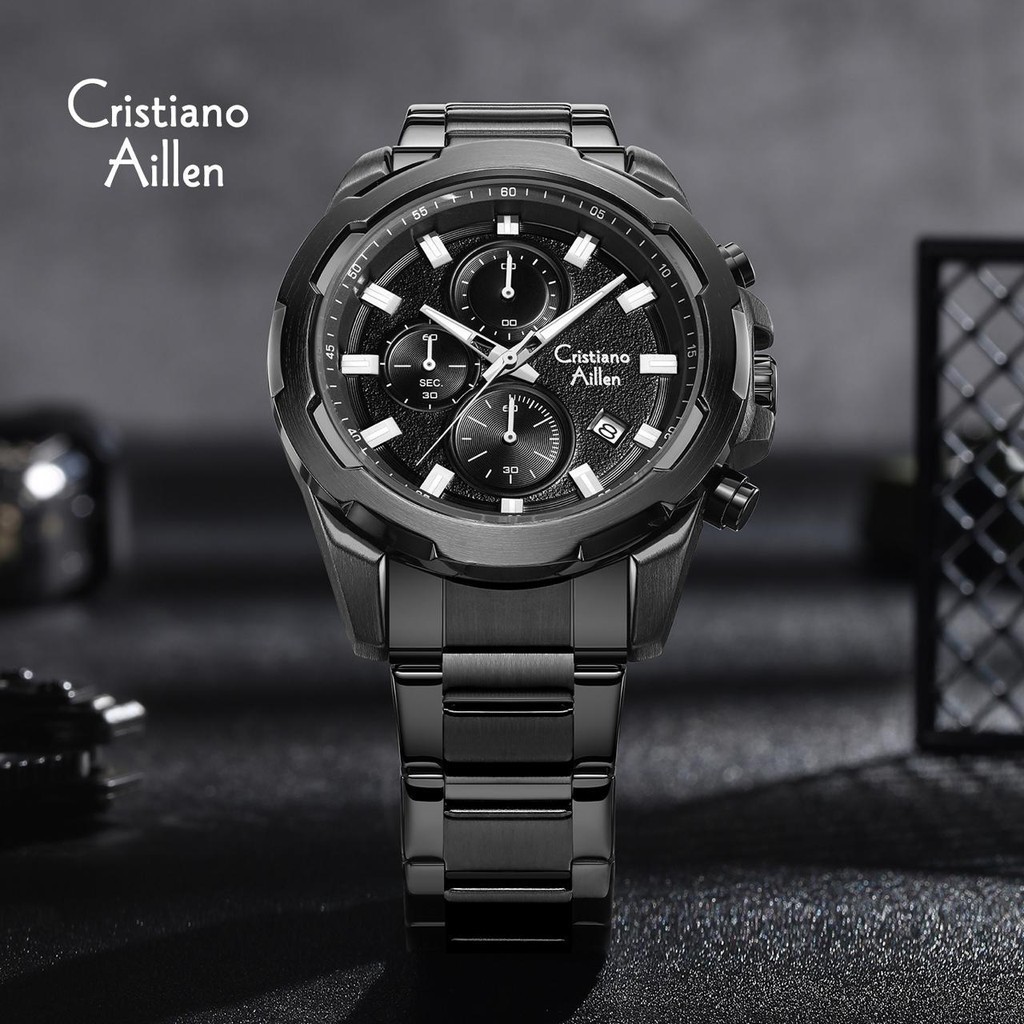 Ori Buy 1 Get 1  Cristiano Aillen Jam Tangan Pria Analog 8894 Rantai Stainless Steel Chronograph Wat