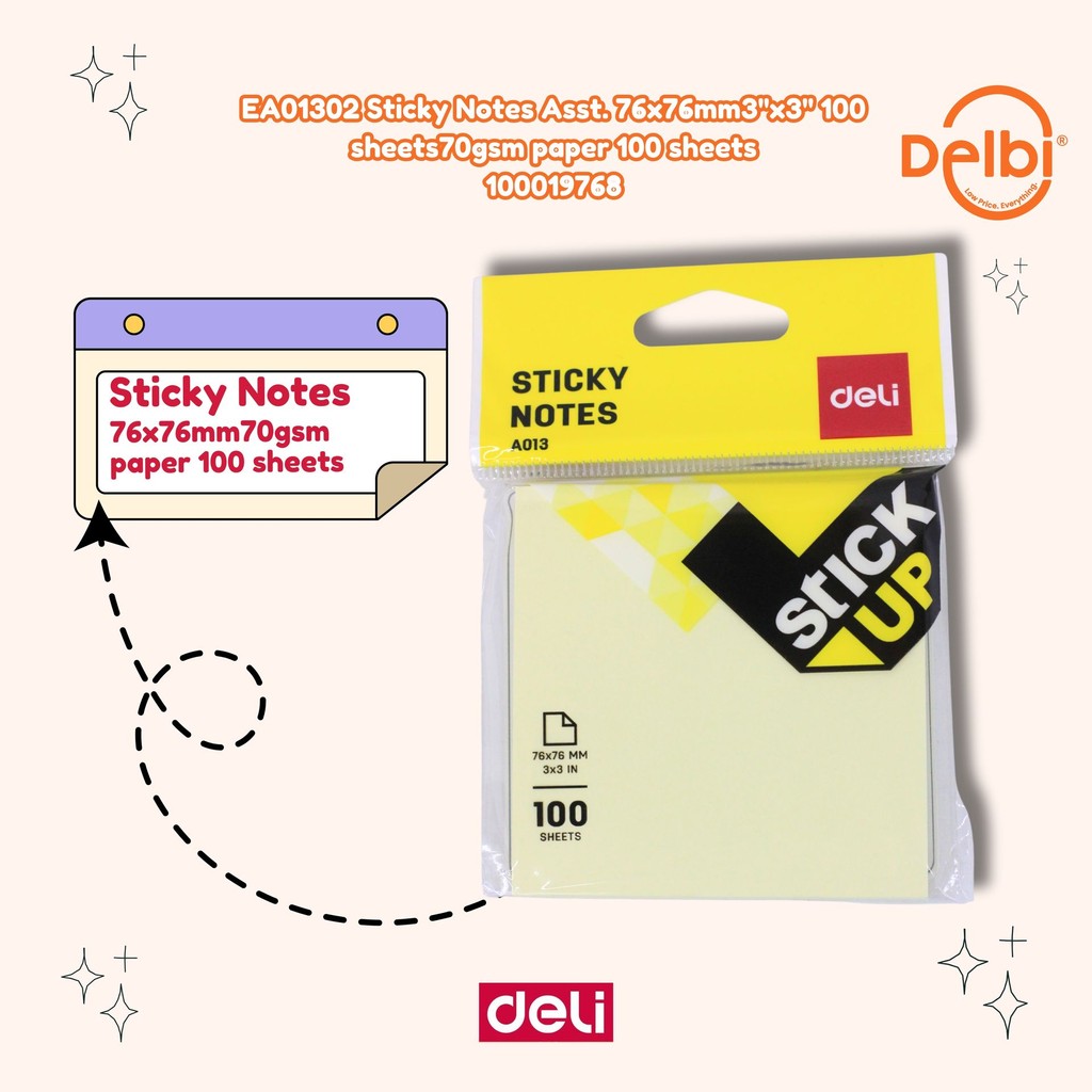 

DELI - KERTAS MEMO / STICKY NOTE / MEMO TEMPEL / POST IT A01302 PASTEL EA01302 Sticky Notes Asst. 76x76mm 3''x3'' 100 sheets 70gsm paper 100 sheets