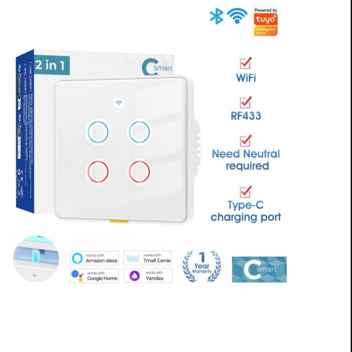 Tuya RF433 Wifi Smart Switch Dengan USB Type-C  RF 433 Smart Home Light Touch Wall Switch 1 Gang 2 G