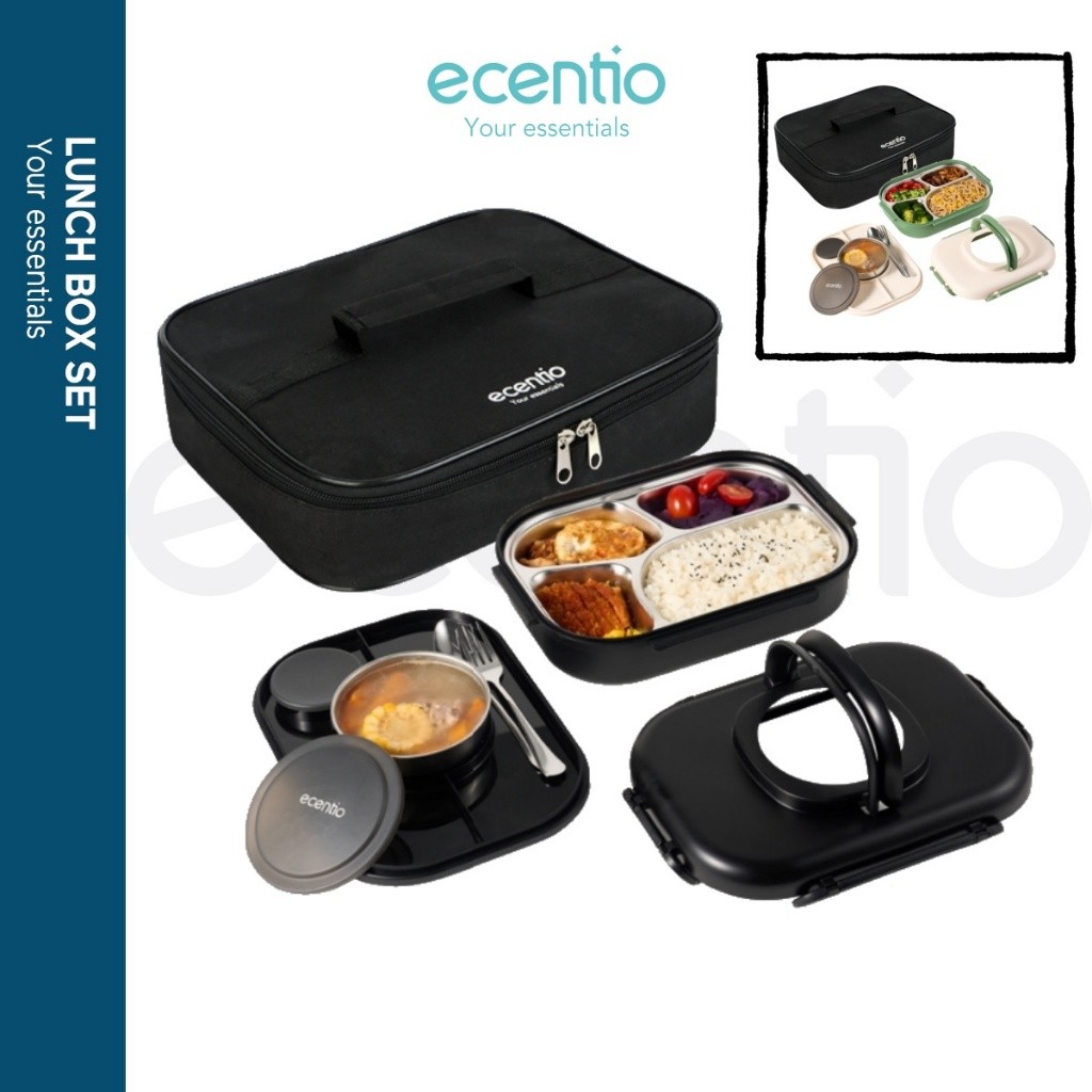 hg63fv ecentio 4 Sekat Kotak Makan Set 1100ml anti tumpah Lunch Box Set Stainless sendok free tempat