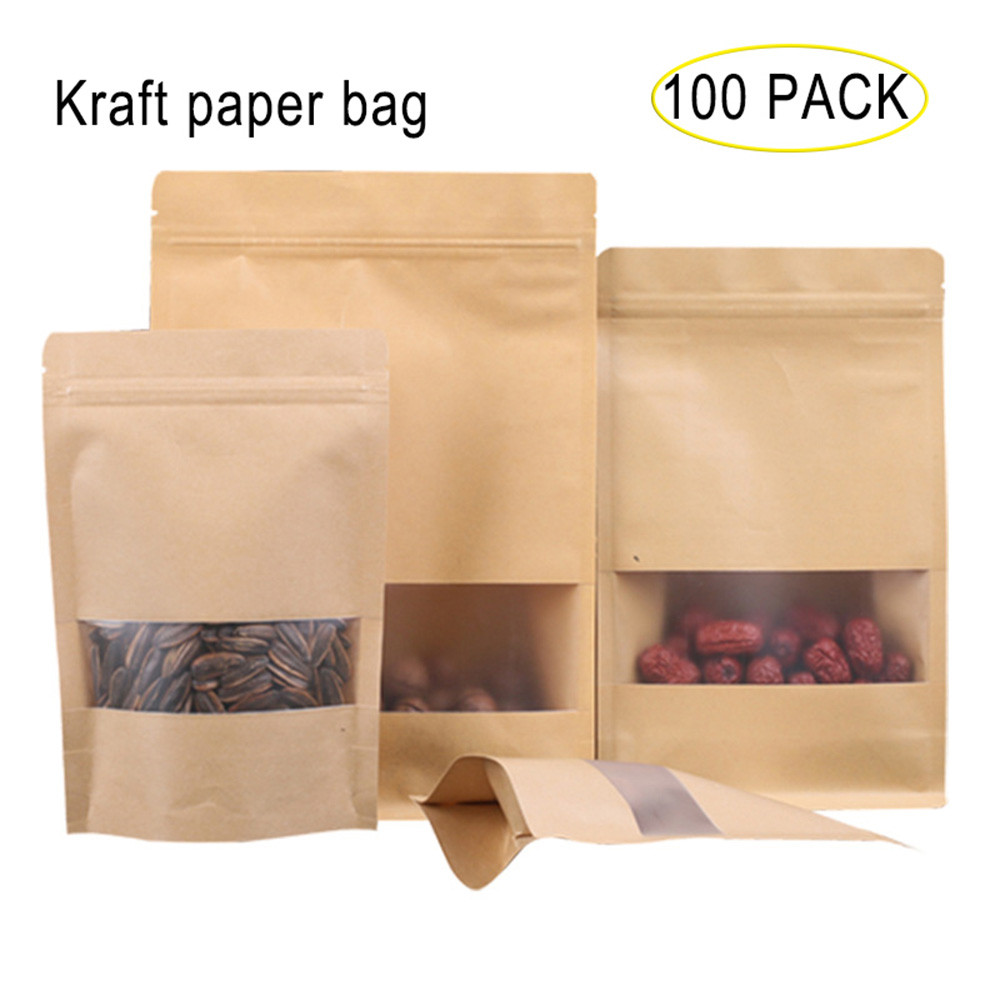 

100 Pcs/Lot Stand Up Kraft Paper Pouches with Windows Snack Food Ziplock Bags Nuts Sealed Food Packaging Bags with Tear Notch