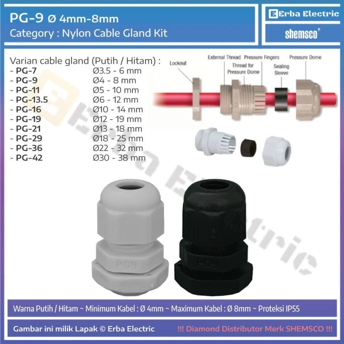 

MU99 Cable Gland PG-9 Pelindung Jalur Kabel Gland PG9 Original Shemsco - Hitam