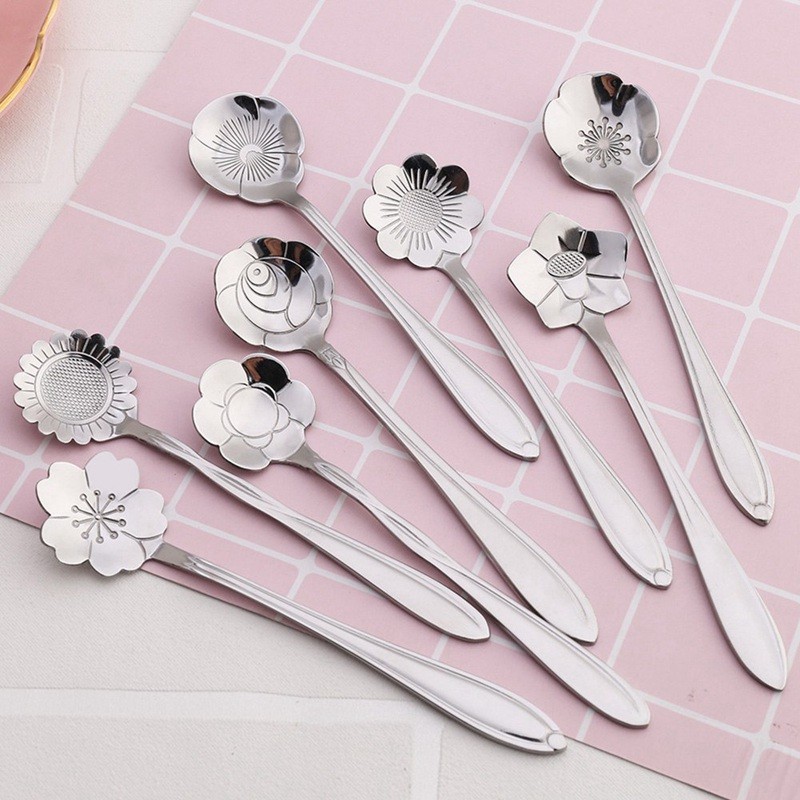 

8Pcs/Set Flower Dessert Spoons Stainless Steel Coffee Spoon Gold Small Teaspoons Creative Cherry Blossom Ice Cream Fruit Honey