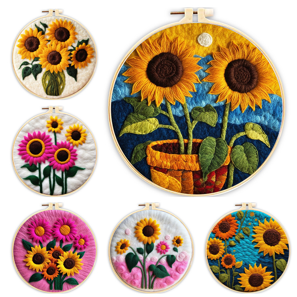 

RUOPOTY Wool Felt Painting Kit Sunflower Flowers Felt Needle Kit Wool Burlap Set Embroidery Frame Handicraft Felt Worsted Wool