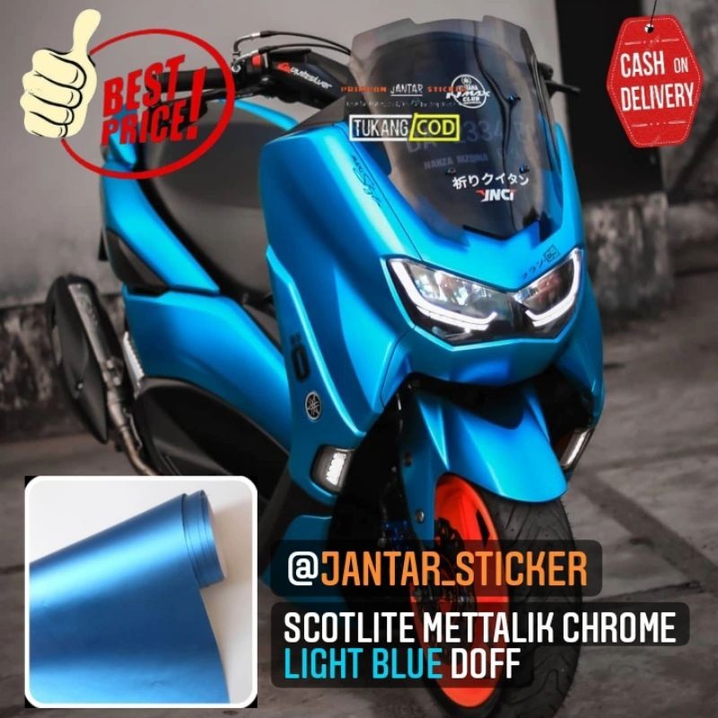 Sticker scotlite biru muda doff skotlet motor mett chrome merk infinity kualitas terbaik scotlet mot