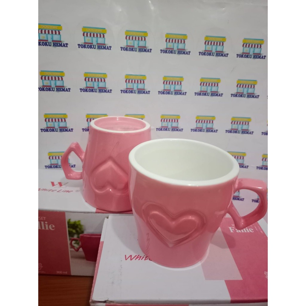 SID GELAS COUPLE SET BUNGA PINK WHITE LINE FALLIE GELAS UNIK COUPLE SET