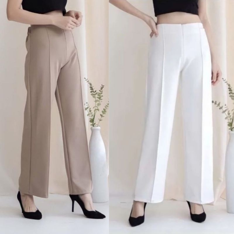 Celana Kulot Scuba Premium Highwaist Pants Kulot Scuba Stretch Resleting depan wide Leg