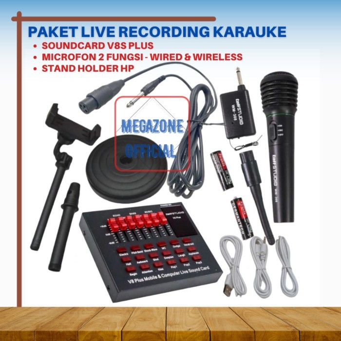 promo  -Paket Soundcard V8S V8 plus Mic microphone wireless Karaoke live Audio - PAKET B