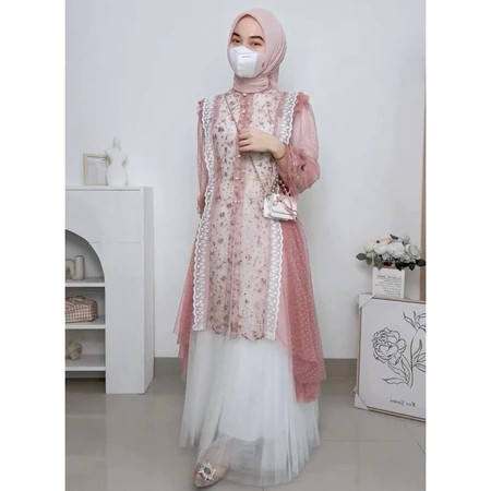 BAHAN PREMIUM / Outer Brokat Premium Fairy Mix Tile Dot Sarah outer, Bordir Tule, Elegan untuk Lebar