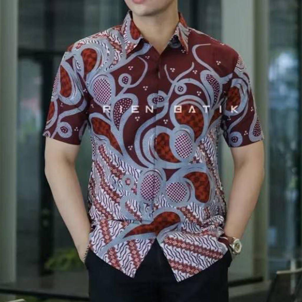 Kemeja Hem Baju Batik Pria Modern Lengan Pendek motif Mulyo Maron Katun