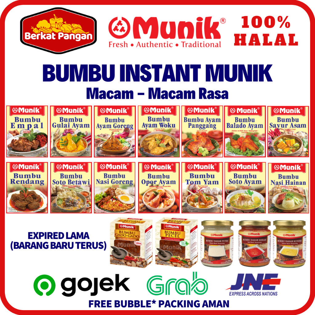 

New Bumbu Instant Munik Rasa Rendang Semur Soto Betawi Sop Buntut Rawon Nasi Hainam Sayur Asam Opor Ayam Empal Soto Ayam Gado Gado Ayam Goreng Tom yamPremium