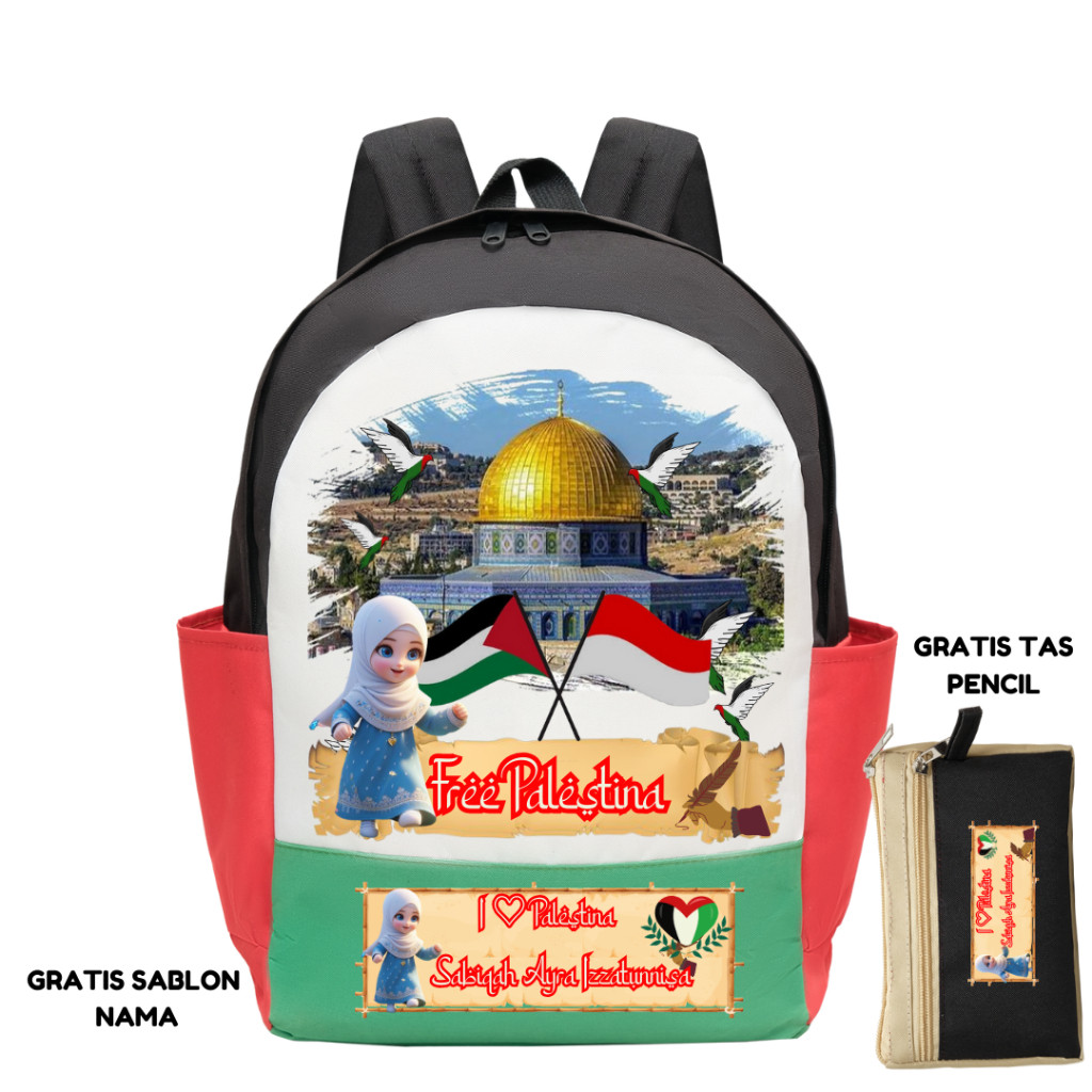 Qiyya.id - TAS SEKOLAH PALESTINA / TAS CUSTOME NAMA MOTIF PALESTINA