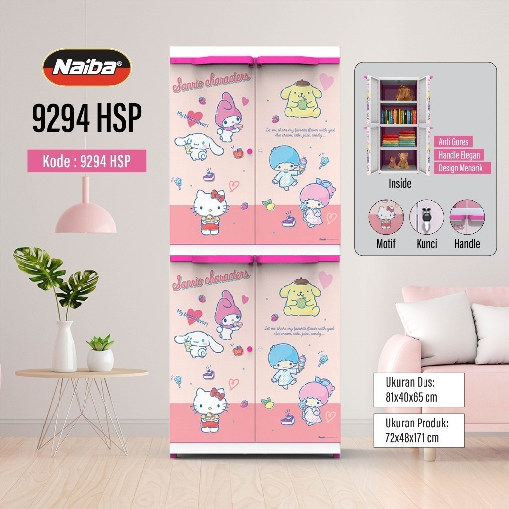 LEMARI PLASTI SUSUN 4 KUNCI NAIBA PREMIUM DORAEMON HELLOKITTY / NAIBA 9294