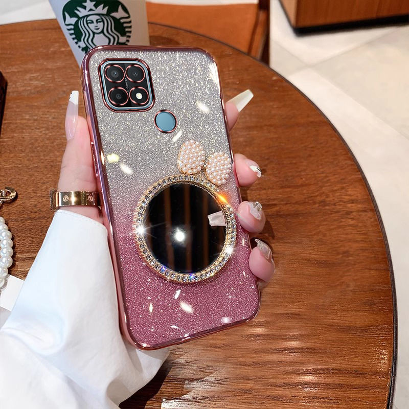 For OPPO A15s A15 Case Pearl Butterfly Makeup Mirror Luxury Shiny Gradient Plating Glitter Girls Sli