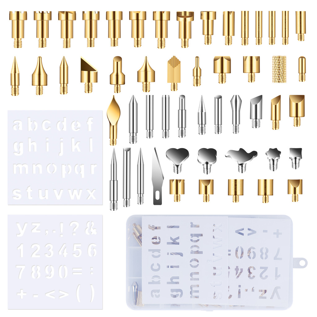 

55Pcs Wood Burning Tips Kit with Alphabet Number Stencil Brass Pyrography Carving Tips Multipurpose Embossing Carving Pen Tips