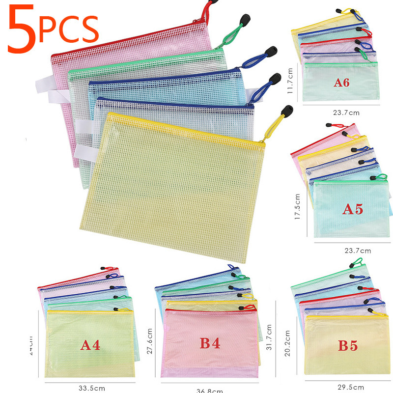 

5PCS Stationery Storage Folder File Mesh Zipper Pouch A4 A5 A6 Document Bag Zip File Folders School Office Supplies