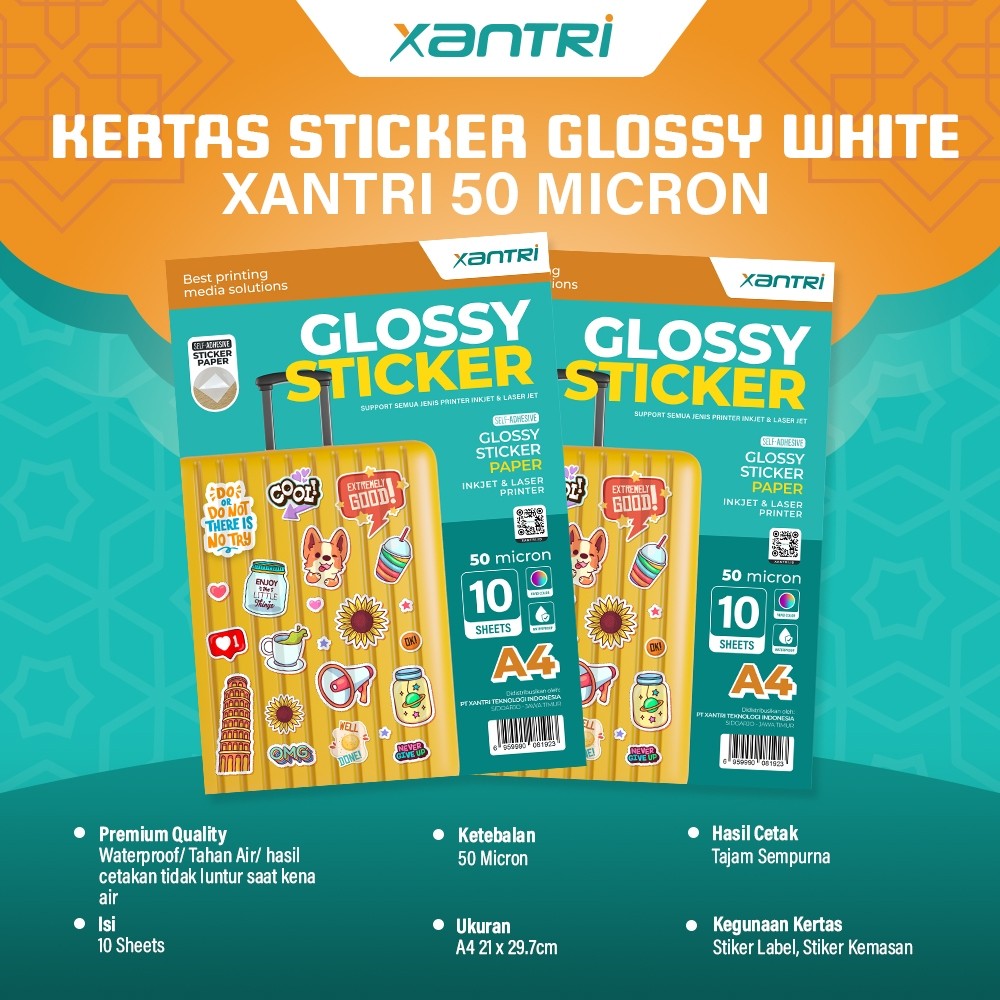 

Xantri - Glossy Sticker Paper White Waterproof PET 50 Micron Isi 10 Lembar Kertas Stiker Xantri Printer Inkjet A4