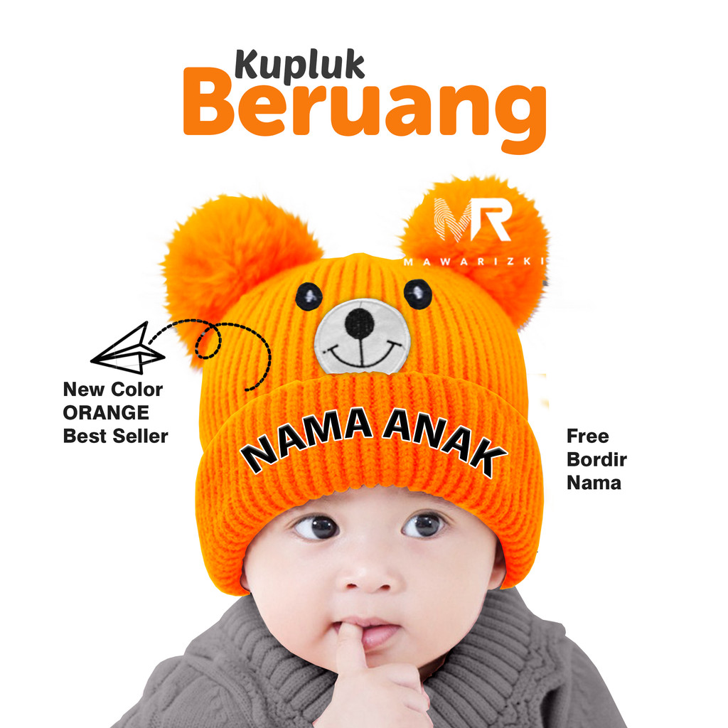 Kupluk Rajut topi bayi laki laki Bear 3D Pom2 Karakter Pakai Nama anak Laki Laki Perempuan