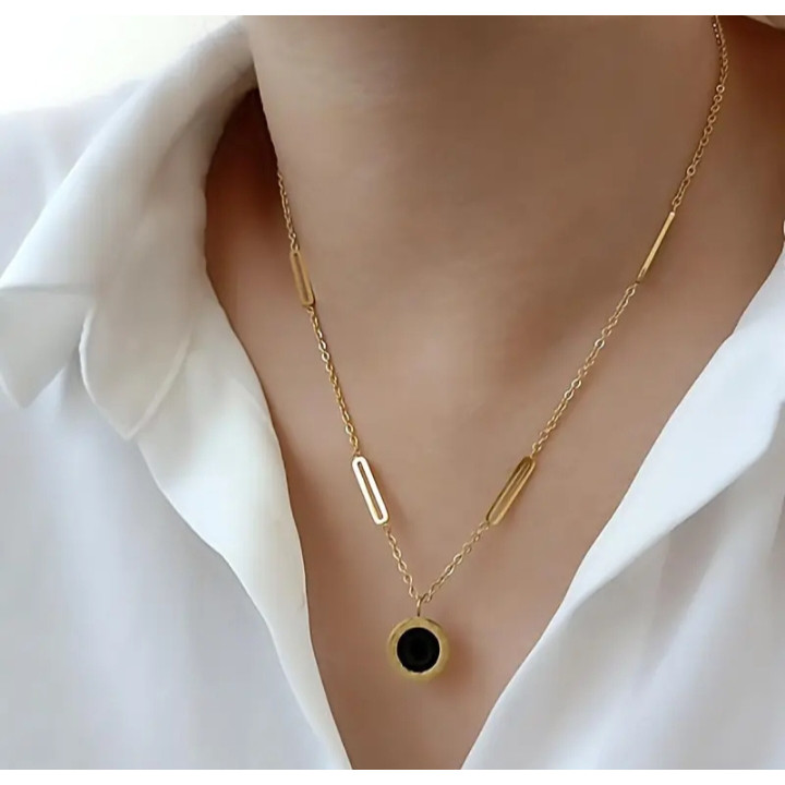 KALUNG TITANIUM WANITA RANTAI NORI KOTAK LIONTIN BULAT HITAM KALUNG