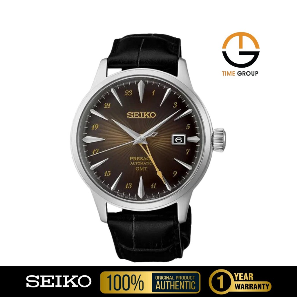 JAM TANGAN PRIA SEIKO PRESAGE SSK039J1 COCKTAIL TIME GMT RUSTY NAIL BROWN DIAL BLACK LEATHER STRAP