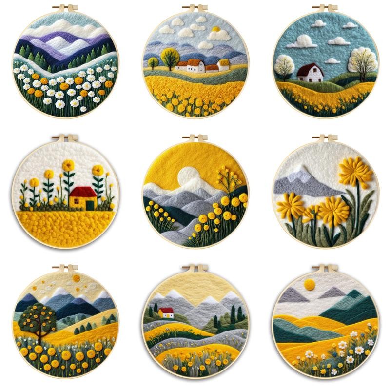 

CHENISTORY Flowers Needle Felt Starter Set Wool Felting Painting Landscape Kit With Embroidery Kit Funny Diy Home Decor 20x20cm