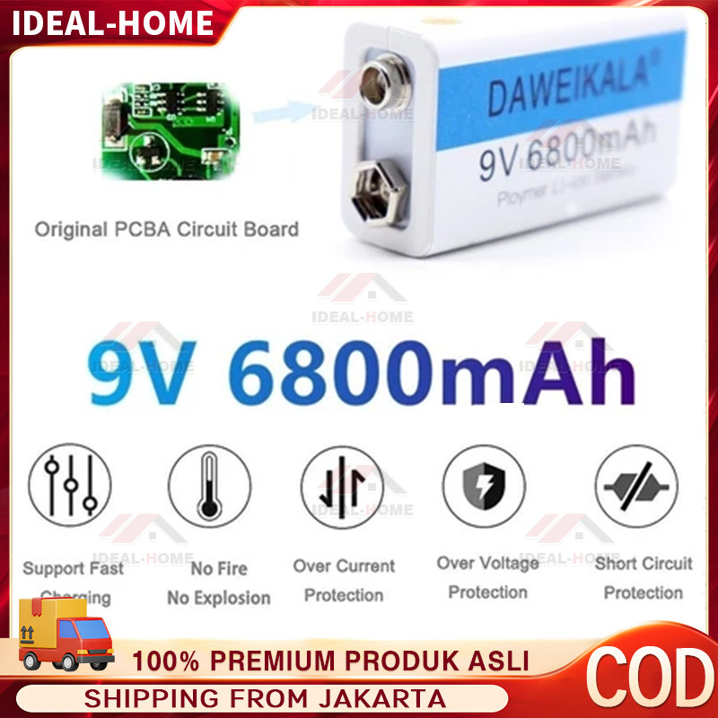Baterai 9 V Rechargeable Li-ion USB Type-C 6800 mAh D 9V / baterai 9v rechargeable volt bisa dicas k