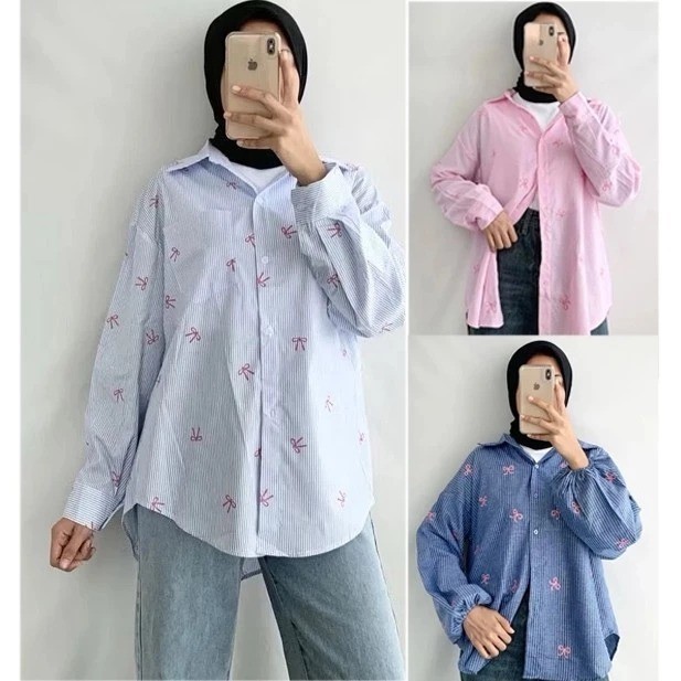 VEXIOS - ZPF Baju Wanita Terbaru Motif Pita Kemeja Lengan Panjang / Blouse Ribon Salur Motif Pita Wa
