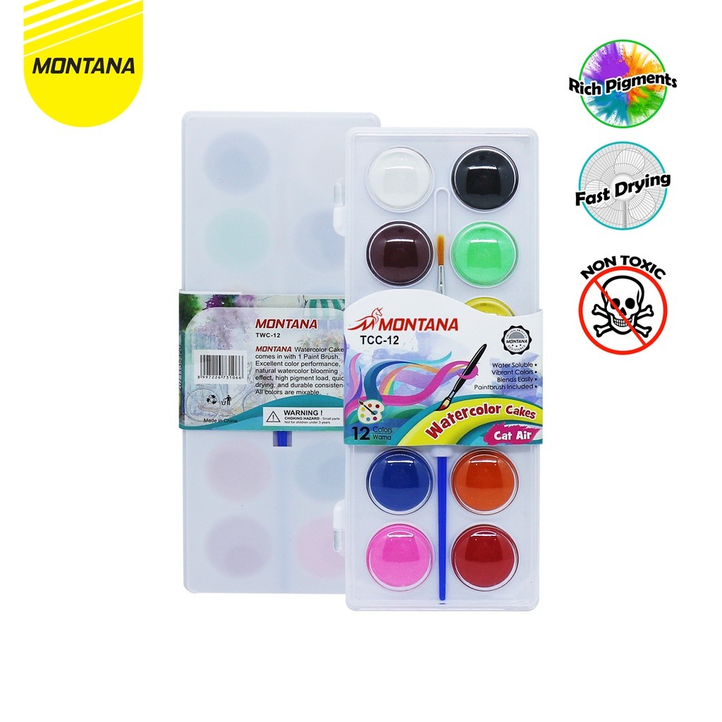 

MONTANA Water Color Cakes Cat Air 12 Warna Water Soluble Pointbrush Included TWC-12