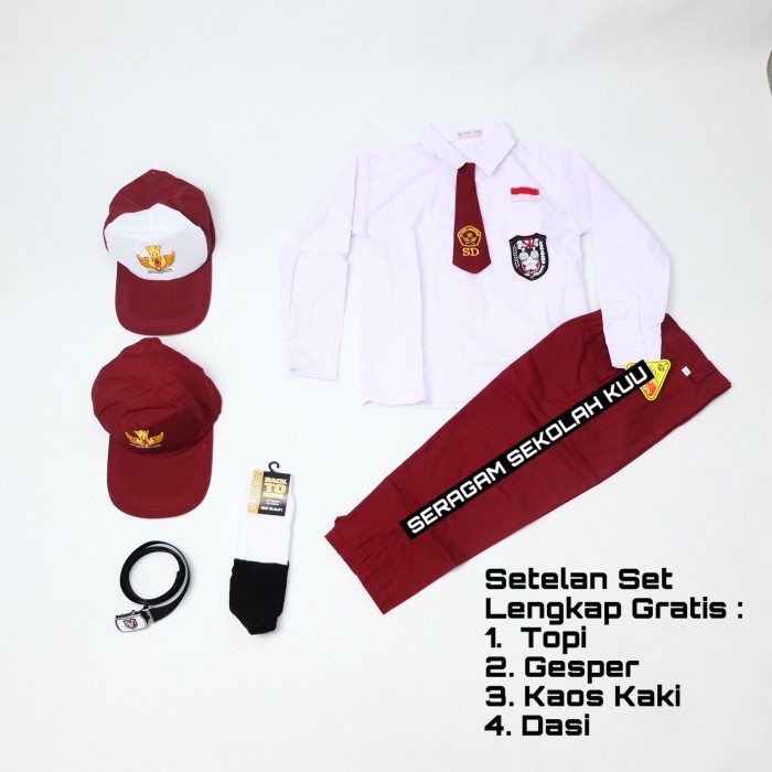 Setelan Super Lengkap Seragam Sekolah SD Panjang Cowok - Topi Merah, KELAS 1