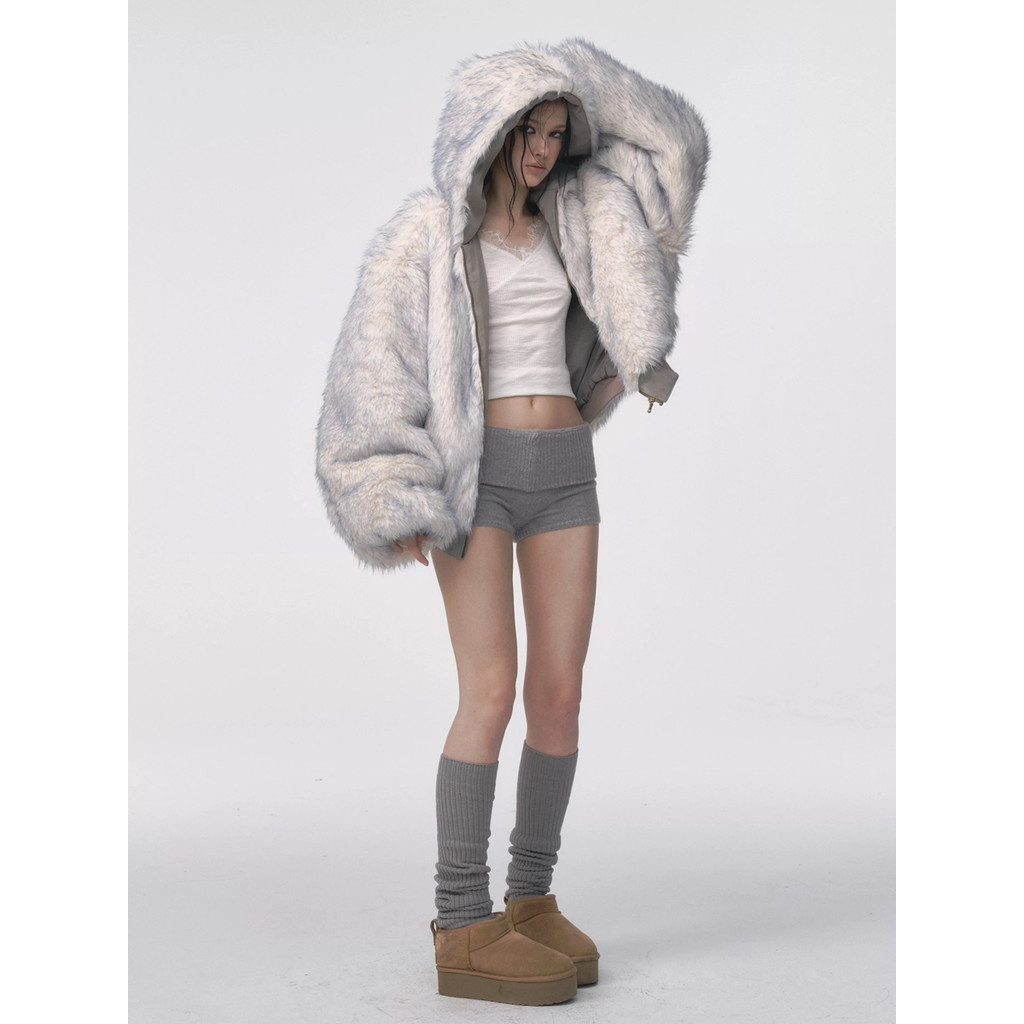 Women Parkas Ice Blue Dyed Pointed Suede Hooded Jacket For Women, Winter American Lazy Double-sided 