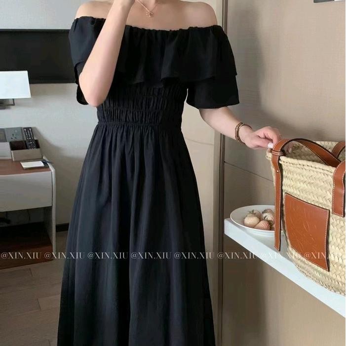 Dress vintage 2029 Sabrina dress pantai casual Santai Polos Midi baju - Hitam