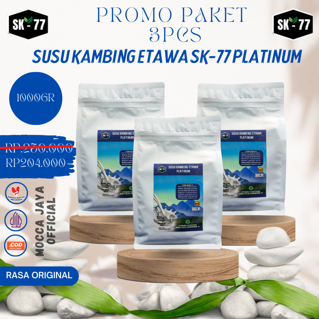 

PAKET HEMAT 3PCS SUSU KAMBING ETAWA SK-77 PLATINUM RASA ORIGINAL KEMASAN 1000GR\500GR\200GR