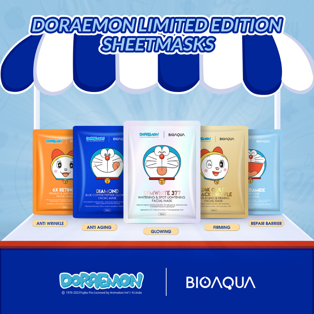ORIGINAL BIOAQUA x DORAEMON Sheet Mask Masker Wajah BPOM 28 ML Diamond Blue Copper Peptide Glowing /