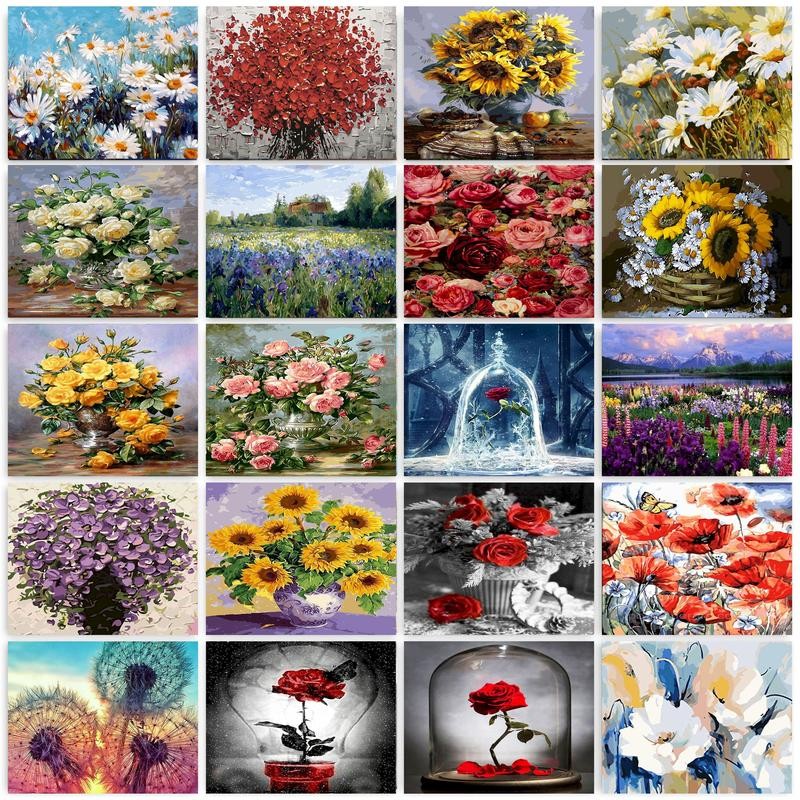 

Flower Oil Painting By Numbers For Adults DIY Kits HandPainted On Canvas With Framed Oil Picture Drawing Coloring By Number