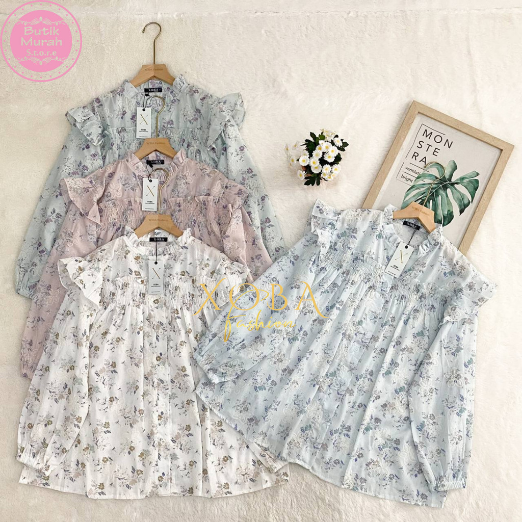 Xoba Fashion 3539 Atasan LD 110 dan LD 120 Blus Wanita Katun Bordir Motif Bunga Baju Panjang