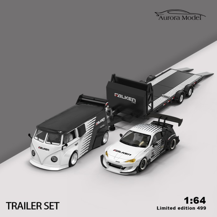 Aurora Model 1:64 RWB Volkswagen VW T1 Van + PANDEM Rocket Bunny Toyota 86 FALKEN Black White Traile