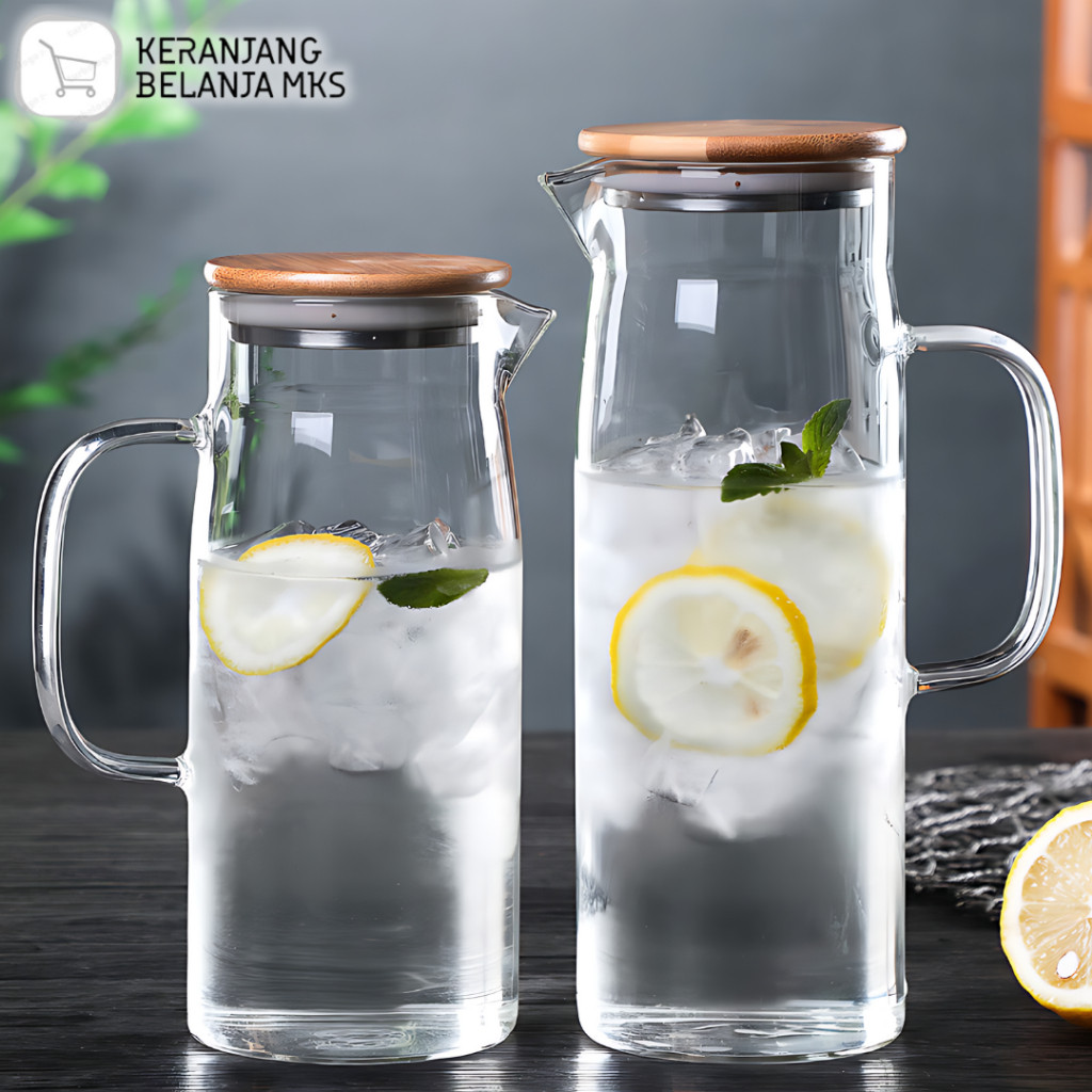Teko Pitcher Jug Kaca Tahan Panas dengan Tutup Kayu / Teko Tempat Minuman Bahan Kaca Tahan Panas