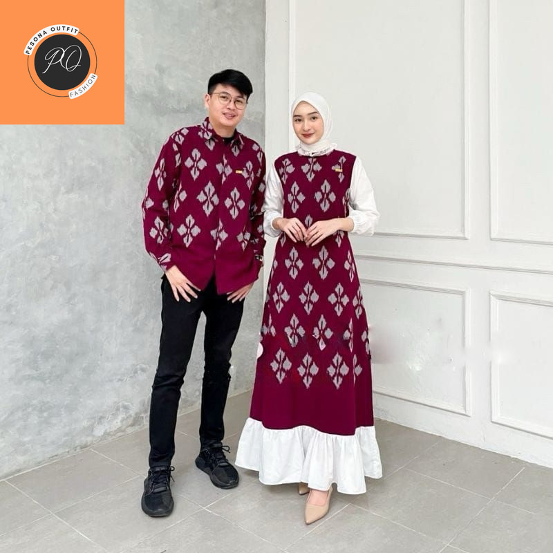 Maroon dress - set couple merah - set baju couple tenun kondangan - baju couple Raya keluarga - set 