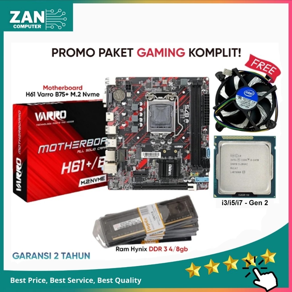 Paket Motherboard Core i3/I5/i7 - New Mainboard H61 Lga 1155 Varro B75+ Chipset DDR 3 Support M.2 NV