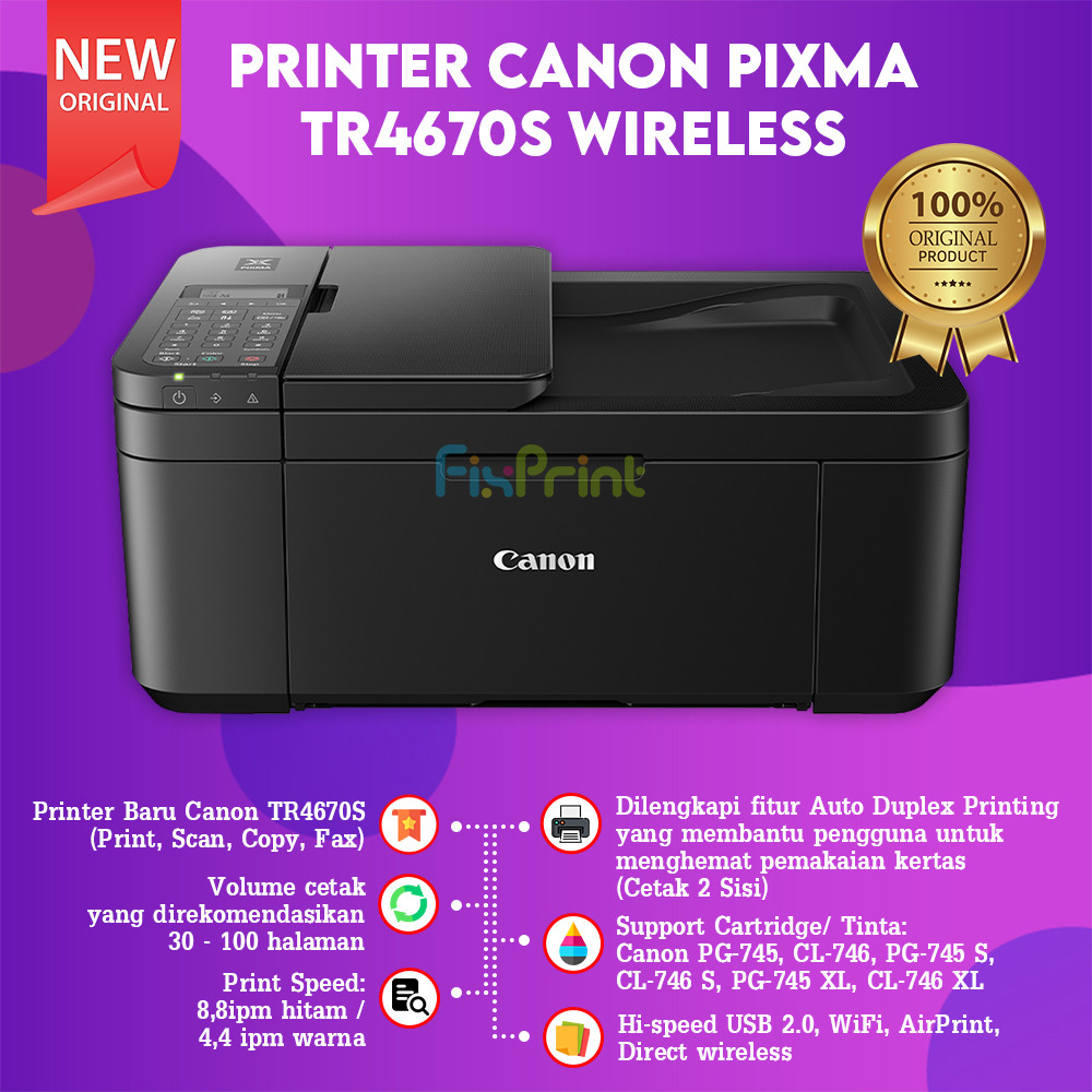 FixPrint Printer Multifungsi A4 Canon Pixma TR4570s TR4670s Wireless Print Copy Scan ADF Fax WiFi Pr