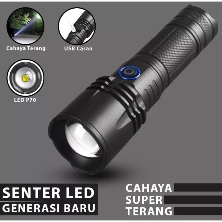 Super LED Terang Jarak Jauh Batre Tahan Lama Waterproof Anti Air Senter P50 Cas Swat Lampu Senter Po