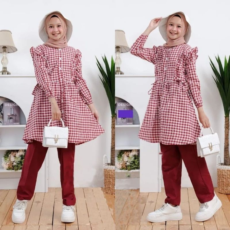Baju Setelan Tunic Anak Perempuan Remaja Muslim Santai Adem Terbaru Lebaran 2022 Set Tunik Cel Harin